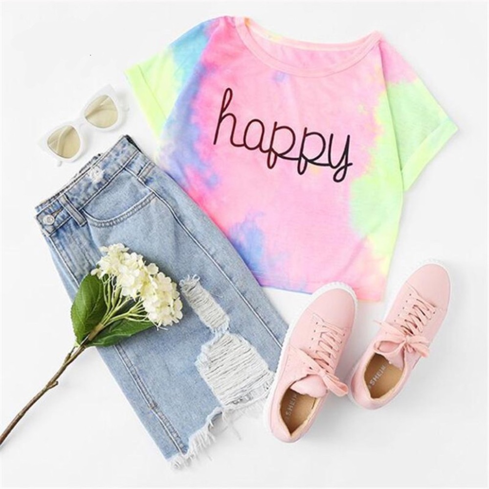 Happy Rainbow Pastel Tie Dye Cute Crop Top Tee